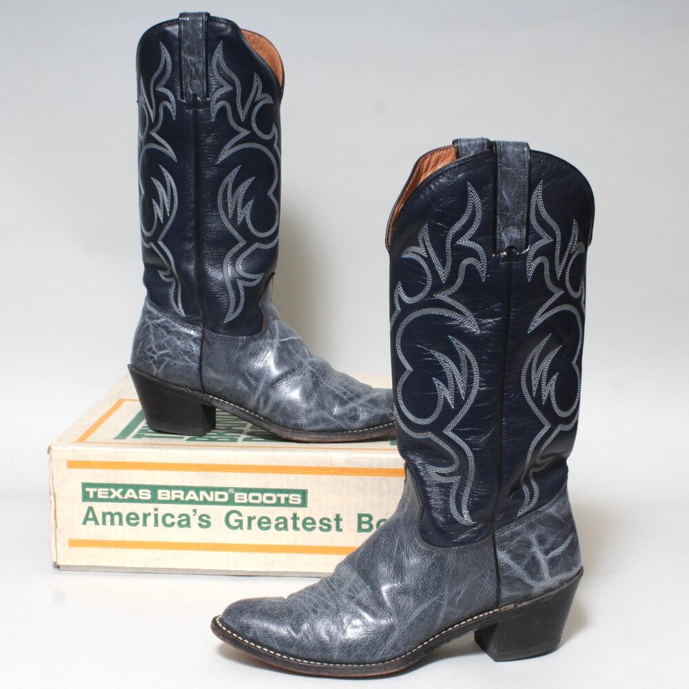 Mens VintageTexas Brand Marbled Blue Leather Cowboy Boots Size 9 M USA Made